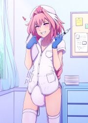 1boy astolfo_(fate) braided_ponytail clipboard curtains diaper diaper_under_clothing fate/apocrypha fate/grand_order fate_(series) femboy femboy_nurse feminine_male gloves holding_clipboard holding_syringe lazyblazy lazyblazy_(artist) looking_at_viewer needle nurse nurse_cap nurse_uniform papers pink_eyes pink_hair ponytail solo solo_male streaked_hair syringe thighhighs trap vibrator vibrator_in_thighhighs vibrator_under_clothes white_streak window