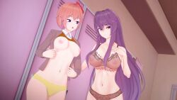 2girls 3d areolae big_breasts blue_eyes bra breasts clothes_swap doki_doki_literature_club female female_only hand_on_chest indoors long_hair looking_at_another mashirosolera matching_hair/eyes nipples open_clothes panties purple_eyes purple_hair sayori_(doki_doki_literature_club) short_hair strawberry_blonde_hair yuri_(doki_doki_literature_club)