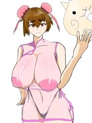 brown_eyes brown_hair chinese_dress female hair_buns hand_on_hip huge_breasts kuu_(battle_cats) large_nipples lingerie smiling_at_viewer the_battle_cats thick_thighs thong_panties transparent_clothing