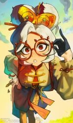 1girls aurahack female female_only fully_clothed glasses gloves goggles_on_forehead large_breasts looking_at_viewer no_sex purah purah_(tears_of_the_kingdom) red_eyes sheikah tears_of_the_kingdom the_legend_of_zelda white_hair