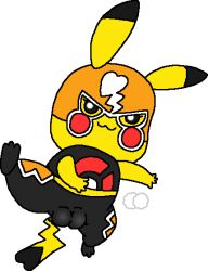 black_pants bulge clothed clothing cosplay_pikachu female female_only feral feral_only heart kicking male_focus martial_arts mask nintendo official_alternate_costume pants pikachu pikachu_libre plump_labia pokémon_(species) pokemon puffy_maker pussy spread_legs tail transparent_background watermark wrestling_outfit yellow_fur yellow_skin