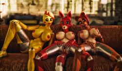 3d 3d_(artwork) background breast_grab breasts brown_eyes brown_hair completely_nude cyan_eyes five_nights_at_freddy's five_nights_at_freddy's_2 foxy_(fnaf) green_eyes group hand_on_breast lips looking_at_viewer nipples nude posing pussy red_hair rule_63 sofa spread_legs spread_pussy toy_chica_(fnaf) toy_freddy_(fnaf)