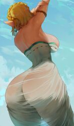 1girls absurdres araneesama ass ass_in_dress big_ass big_breasts big_butt blonde_hair breasts cutesexyrobutts_(style) dress elf_ears female light_skinned_female low-angle_view nintendo princess_zelda see-through_clothing short_hair solo tears_of_the_kingdom the_legend_of_zelda thick_thighs zelda_(tears_of_the_kingdom) zonai_outfit