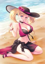 1girls alternate_costume ann_takamaki atlus beach bikini blonde_hair blue_eyes bracelets breasts choker cosplay dorothea_arnault dorothea_arnault_(cosplay) dorothea_arnault_(summer)_(cosplay) fire_emblem fire_emblem:_three_houses hat high_heel_sandals high_heels large_breasts looking_at_viewer megami_tensei midriff navel nintendo ocean official_alternate_costume outside persona persona_5 red_bikini red_swimsuit sand sandals sarong sebu_illust sitting sun_hat swimsuit twintails water