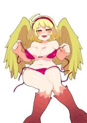 1girls blonde_hair bra breasts eldley_(ishuzoku_reviewers) female female_only harpy_girl ishuzoku_reviewers large_breasts lingerie masha monster_girl orange_eyes panties red_lingerie solo_female stripping undressing wide_hips