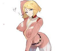 1girls arm_behind_head arm_support bent_over big_breasts blonde_hair blue_eyes bodypaint breasts busty earth_federation female female_only gundam heart large_breasts leaning_forward legs looking_at_viewer mobile_suit_gundam nipples painted_clothes pose posing sayla_mass seductive seductive_smile sensual short_hair smile solo thighs