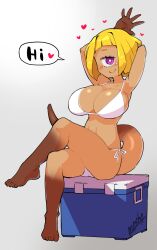 1girls annie_(anaid) bikini blonde_hair clothed copyright_request cyclops female female_only huge_breasts looking_at_viewer masha purple_eyes seated sitting smile solo solo_female swimsuit tailclops_(race) tailclops_(species) tan_body text text_bubble tits white_bikini