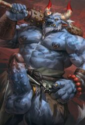 2_horns abs anthro asian_mythology balls blue_body blue_fur blue_skin bovid bovine cattle demon east_asian_mythology erection fangs fur genitals hi_res horn japanese_mythology kanabō lindong male male_only mammal markings muscular muscular_anthro muscular_male mythology nipple_piercing nipples oni pecs penis piercing solo tattoo teeth vein veiny_muscles veiny_penis yellow_sclera yokai