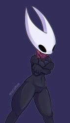 2020s 2022 animal_humanoid arthropod arthropod_humanoid black_body breasts clothing covering covering_breasts crossed_arms embarrassed embarrassed_nude_female enf erocoffee exposed exposed_pussy fecharis female genitals hi_res hollow_knight hornet_(hollow_knight) humanoid mostly_nude portrait purple_background pussy simple_background solo standing team_cherry three-quarter_portrait torn_clothing