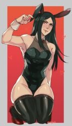 1boy ambiguous_gender androgynous artist_signature black_hair bunny_ears bunnysuit leotard other_focus tagme testament_(guilty_gear) thighhighs tirtyturtle