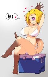 annie_(anaid) bikini blonde_hair breasts clothed copyright_request cyclops female looking_at_viewer masha solo solo_female swimsuit tailclops_(race) tailclops_(species) text text_bubble