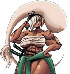 1girls abs bandages_around_chest big_breasts dark-skinned_female muscular_female scars sword thick_thighs touhou white_background white_hair youmu_konpaku ziffern