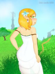 ass_focus ass_in_dress back back_view blonde_hair dress ear_piercing earrings flower_in_hair frills green_eyes hand_on_hip looking_at_viewer looking_back medium_breasts nature nature_background nekomatic outside pointy_ears princess_zelda short_hair tears_of_the_kingdom the_legend_of_zelda white_dress zelda_(tears_of_the_kingdom)