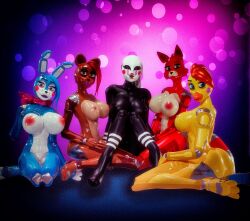 3d 3d_(artwork) 5girls animatronic ass bear_ears bear_girl black_body blue_body blue_hair breasts brown_body brown_eyes brown_hair bunny_ears bunny_girl butt_crack chicken_girl completely_nude completely_nude_female cyan_eyes eyelashes female female_only five_nights_at_freddy's five_nights_at_freddy's_2 fox_ears fox_girl foxy_(fnaf) green_eyes group kneeling long_hair looking_at_viewer marionette_(fnaf) psycho-john psychojohn2 puppet_(fnaf) puppet_(psychojohn2) purple_background purple_eyes red_body red_cheeks red_hair ribbon robot_girl rule_63 sitting sitting_on_floor toy_bonnie_(fnaf) toy_chica_(fnaf) toy_freddy_(fnaf) white_hair white_stripes yellow_body