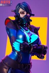 1girls 3d arms_crossed armwear artsbyronin big_breasts blender blue_hair bottomwear breasts close-up clothed clothing crossed_arms epic_games female female_focus female_only fortnite gloves handwear light-skinned_female light_skin looking_at_viewer mask masked masked_female pose posing red_eyes simple_background slurpentine solo solo_focus standing topwear watermark