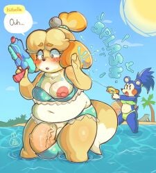 1futa 1girls animal_crossing anthro bbw beach blush bulge chubby chubby_female cleavage furry futanari huge_cock isabelle_(animal_crossing) lilbunpinky mabel_able nintendo ocean one_breast_out slightly_chubby swimsuit watergun