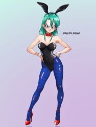 angry angry_eyes angry_face bulma bulma_(bunny) bulma_briefs bunny_ears bunnysuit colorful_background dragon_ball dragon_ball_(classic) drivendraw high_heels red_heels teenage_bulma teenager tight_clothing tights