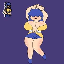 big_breasts blue_hair blush clothed engine_kingdom_user hands_behind_head oc_character posing reference_image rule_63 shorts simple_background supahswing