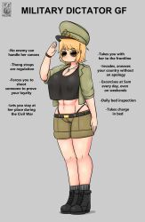 abs big_breasts black_boots black_shirt boots curvaceous curvy female_abs haloowl huge_breast huge_breasts ideal_gf large_breast large_breasts massive_breasts military military_boots military_cap military_clothing military_hat salute saluting shades short_shirt short_shorts shorts sweater thick_thighs voluptuous voluptuous_female