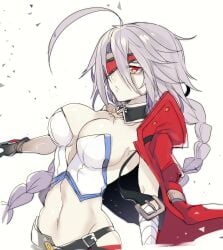 1girls big_breasts blazblue braid busty cleavage curvy female female_only large_breasts long_hair navel nu-13 open_jacket red_eyes solo uzukinoko voluptuous