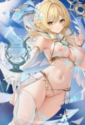 1girls 5_fingers 5_toes barefoot blonde_hair breasts cleavage cosplay female female_only genshin_impact loki1998 lumine_(genshin_impact) medium_breasts navel nipples pussy see-through see-through_clothing thick_thighs thighs venti_(genshin_impact)_(cosplay) voluptuous