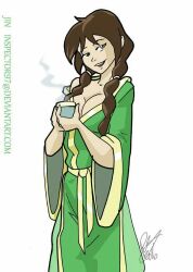 1girls avatar_the_last_airbender big_breasts braid brown_hair busty chinese_clothes cleavage cup female female_only hi_res jin_(avatar) large_breasts long_hair looking_at_viewer no_bra off_shoulder open_dress open_mouth presenting_breasts seductive_look seductive_smile smile solo tea teacup teenager twin_braids voluptuous