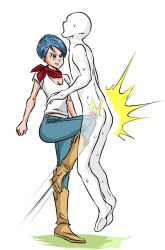 ballbusting blue_hair boots bulma bulma_(dragon_ball) bulma_briefs dragon_ball dragon_ball_super dragon_ball_z femdom male medium_breasts ocigart red_scarf scarf shadow short_hair simple_background white_background x-ray