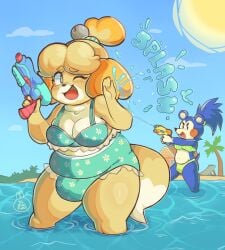 1futa 1girls animal_crossing anthro bbw beach bulge cleavage furry futanari isabelle_(animal_crossing) lilbunpinky mabel_able nintendo ocean swimsuit watergun