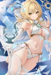 1girls 5_fingers 5_toes barefoot blonde_hair breasts cleavage cosplay female female_only genshin_impact loki1998 lumine_(genshin_impact) medium_breasts navel thick_thighs thighs venti_(genshin_impact)_(cosplay) voluptuous