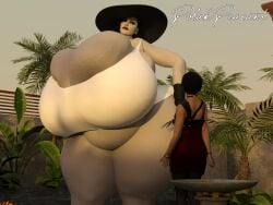 2girls 3d ada_wong alcina_dimitrescu capcom cleavage enormous_breasts female giantess gigantic_breasts hat looking_at_another mini_giantess polakpeasant resident_evil resident_evil_2 resident_evil_2_remake resident_evil_8:_village size_difference swimsuit thick_thighs white_swimsuit