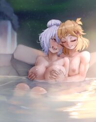 2girls blonde_hair closed_eyes erochi female female_only groping large_breasts long_hair medium_breasts muscular_female night night_sky nuzzling one_eye_closed senki_zesshou_symphogear steam tachibana_hibiki_(symphogear) water white_hair yukine_chris yuri