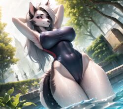 ai_generated anthro big_breasts breasts camel_toe canid canid_demon clothed clothing demon digital_media_(artwork) director_name eyebrows female furry hair hellhound helluva_boss long_hair looking_at_viewer loona_(helluva_boss) mammal nipple_outline one-piece_swimsuit outside partially_submerged pikaflufftuft plant pupils pussy_outline red_sclera slit_pupils solo stable_diffusion swimwear tagme thick_thighs tree water watermark wet wet_body white_eyes