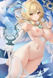 1girls 5_fingers 5_toes barefoot blonde_hair breasts cleavage cosplay female female_only genshin_impact loki1998 lumine_(genshin_impact) medium_breasts navel nipples pussy thick_thighs thighs venti_(genshin_impact)_(cosplay) voluptuous