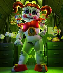 3d 3d_(artwork) animatronic baby_(fnafsl) bottomless bottomwear circus_baby circus_baby_(fnaf) circus_baby_(original) clothed clothing clown crown doll doll_joints female five_nights_at_freddy's five_nights_at_freddy's:_sister_location footwear full_color genitals green_eyes group hair headgear humanoid looking_at_viewer m0nk3y machine metallic_body no_penetration plushie pussy red_clothing red_footwear red_hair red_shoes robot scottgames shoes sister_location skirt solo solo_female trio white_body white_skin