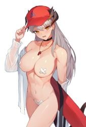 1girls alternate_costume alternate_version_available arknights bare_shoulders baseball_cap black_choker breasts choker cleavage collarbone cowboy_shot dragon_horns earrings hand_on_headwear hat highres horns innertube jason_kim jasonkim jewelry large_breasts long_hair long_sleeves looking_at_viewer navel nipple_pasties open_clothes open_shirt orange_eyes pointy_chin pussy_pasty red_headwear saria_(arknights) shirt silver_hair simple_background solo stomach stud_earrings swimsuit tagme toned very_long_hair whistle whistle_around_neck white_background white_bikini white_shirt