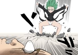 1girls breasts dzombi1_(artist) female green_eyes green_hair one-punch_man panties pantsu tatsumaki tatsumaki_landing thighs white_panties