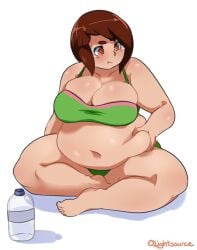 1girls barefoot belly belly_grab big_belly bra breasts brown_eyes brown_hair cleavage highres huge_breasts lightsource original panties plump pout purin_(lightsource) solo tagme thick_eyebrows thick_thighs thighs underwear