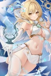 1girls 5_fingers 5_toes barefoot blonde_hair breasts cleavage cosplay female female_only genshin_impact loki1998 lumine_(genshin_impact) medium_breasts navel thick_thighs thighs venti_(genshin_impact)_(cosplay) voluptuous