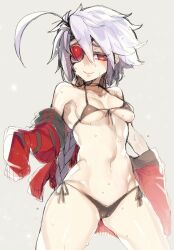 1girls big_breasts bikini black_bikini blazblue braid busty eyepatch female female_only large_breasts legs long_hair looking_at_viewer nu-13 red_eyes smile solo sweat thick_thighs thighs thong_bikini uzukinoko voluptuous