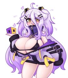 1girls @_@ alternate_breast_size big_breasts black_bra blush female henya_the_genius huge_breasts light-skinned_female limebreaker long_hair rubik's_cube sharp_teeth solo violet_hair virtual_youtuber vshojo white_background yellow_eyes