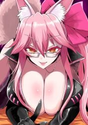 1girls all_fours animal_ears black_gloves breast_press breasts cleavage fangs fate/grand_order fate_(series) female fox_ears fox_girl fox_tail glasses gloves han_(jackpot) highres kneeling koyanskaya_(assassin) koyanskaya_(assassin_first_ascension) koyanskaya_(fate) large_breasts leaning_forward light-skinned_female light_skin makeup mascara open_mouth pale_skin pink_hair pink_ribbon pointing pointing_at_viewer ribbon shiny_skin solo tail tamamo_(fate)