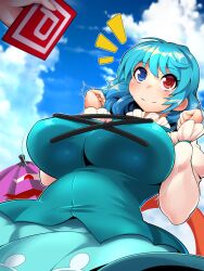 aqua_dress aqua_hair blue_eyes blue_sky breasts breasts_squeezed_together cloud cloudy_sky curvy day dress female heterochromia highres huge_breasts karakasa_obake kogasa_tatara long_sleeves oo_umigarasu outdoors red_eyes religious_offering short_hair sky smile solo_focus tatara_kogasa touhou umbrella umigarasu_(kitsune1963)