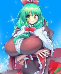 blue_background blush bow breasts closed_mouth covered_erect_nipples cross-laced_clothes cross-laced_dress dress female frilled_bow frilled_ribbon frills front_ponytail green_eyes green_hair hair_ornament hair_ribbon highres huge_breasts kagiyama_hina long_dress long_hair looking_at_viewer oo_umigarasu red_bow red_dress red_ribbon ribbon short_sleeves signature smile solo sparkle touhou umigarasu_(kitsune1963) upper_body