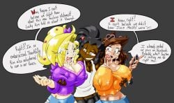 1boy 2girls bimbo blacked blacked_male breast_grab breasts_bigger_than_head cum_drip cum_dumpster cum_on_body cum_on_breasts cum_on_face dark-skinned_male dark_skin dumb_girl english_text facial female frontierbrain huge_breasts huge_nipples human human_only interracial large_breasts latina light-skinned_female light_skin male onahole princess princess_alisha regina speech_bubble sperm straight stupid tricked