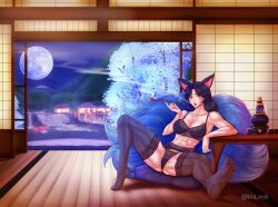 9_tails abs ahri animal_ears big_breasts breasts cleavage fit_female fitness fox fox_ears fox_girl fox_tail inviting inviting_to_sex kitsune landscape league_of_legends legs legs_spread lingerie long_hair midnight_ahri milf muscle_slut muscles muscular muscular_arms muscular_female muscular_legs muscular_thighs night nine_tailed_fox niramoli romantic sake smoking solo_female strong_woman tatami thighhighs vastaya wife