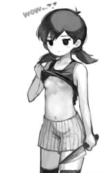 breasts clothing echigoya_takeru emotionless female femomori genderswap_(mtf) knife lifted_by_self mob_face monochrome nipples no_sclera omori omori_(character) omori_(omori) rule_63 shirt_lift short_twintails small_breasts sunny_(omori) top_lift twintails yandere