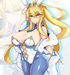 absurdres animal_ears artoria_pendragon_(all) artoria_pendragon_(fate) artoria_pendragon_(lancer) artoria_pendragon_(lancer)_(fate) artoria_pendragon_(swimsuit_ruler) artoria_pendragon_(swimsuit_ruler)_(fate) blonde_hair blue_neckwear blue_pantyhose breasts clothing_cutout detached_collar fake_animal_ears fate/grand_order fate_(series) feather_boa female fishnet_pantyhose fishnets green_eyes hair_between_eyes highleg highleg_leotard highres huge_breasts leotard navel_cutout pantyhose playboy_bunny ponytail rabbit_ears sprout_(33510539) tiara white_leotard wrist_cuffs