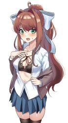 1girls black_bra blazer blush blush bra breasts cleavage doki_doki_literature_club female green_eyes hair_ribbon looking_at_viewer monika_(doki_doki_literature_club) no_background partially_clothed ponytail skirt solo sweat sweating unbuttoned_shirt undressing zx623723