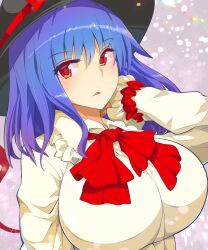 blue_hair bow breasts female frilled_shirt_collar frilled_sleeves frills hat hat_bow hat_ribbon highres huge_breasts iku_nagae looking_at_viewer medium_hair nagae_iku oo_umigarasu parted_lips red_bow red_eyes red_ribbon ribbon shirt solo touhou umigarasu_(kitsune1963) upper_body white_shirt