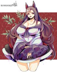 animal_ears breasts brooch brown_hair dress female highres imaizumi_kagerou jewelry kagerou_imaizumi large_breasts long_hair long_sleeves off-shoulder_dress off_shoulder oo_umigarasu red_eyes solo tail touhou umigarasu_(kitsune1963) white_dress wolf_ears wolf_girl wolf_tail